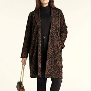 NWT Yesta Animal Print Open Front Knit Jacket Size 16 Longline Pockets Collared